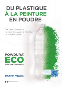 Affiche de la peinture en poudre écologique Powdura ECO fabriquée à partir de déchets plastiques recyclés.