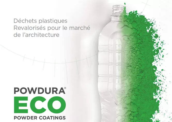Affiche de la peinture en poudre écologique Powdura ECO fabriquée à partir de déchets plastiques recyclés.