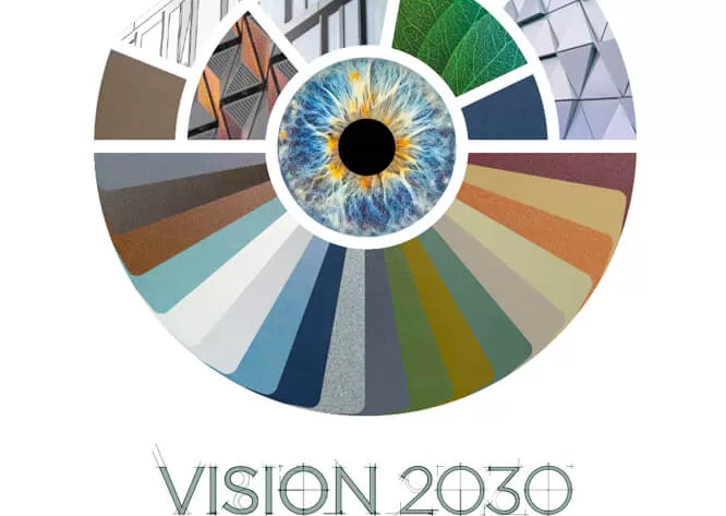 Présentation de la collection Vision 2030 de Sherwin-Williams avec une roue de couleurs pour architecture.