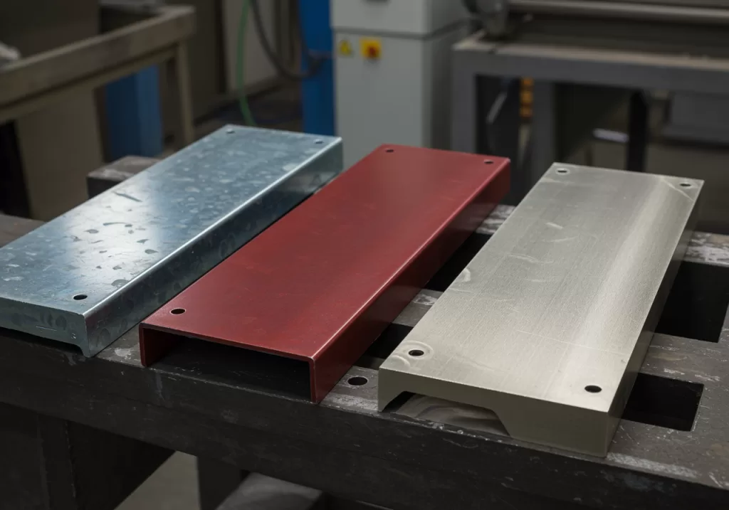 Trois plaques métalliques côte à côte représentant une tôle galvanisée, une tôle prélaquée et une tôle laquée, illustrant leurs différences de texture et de finition.