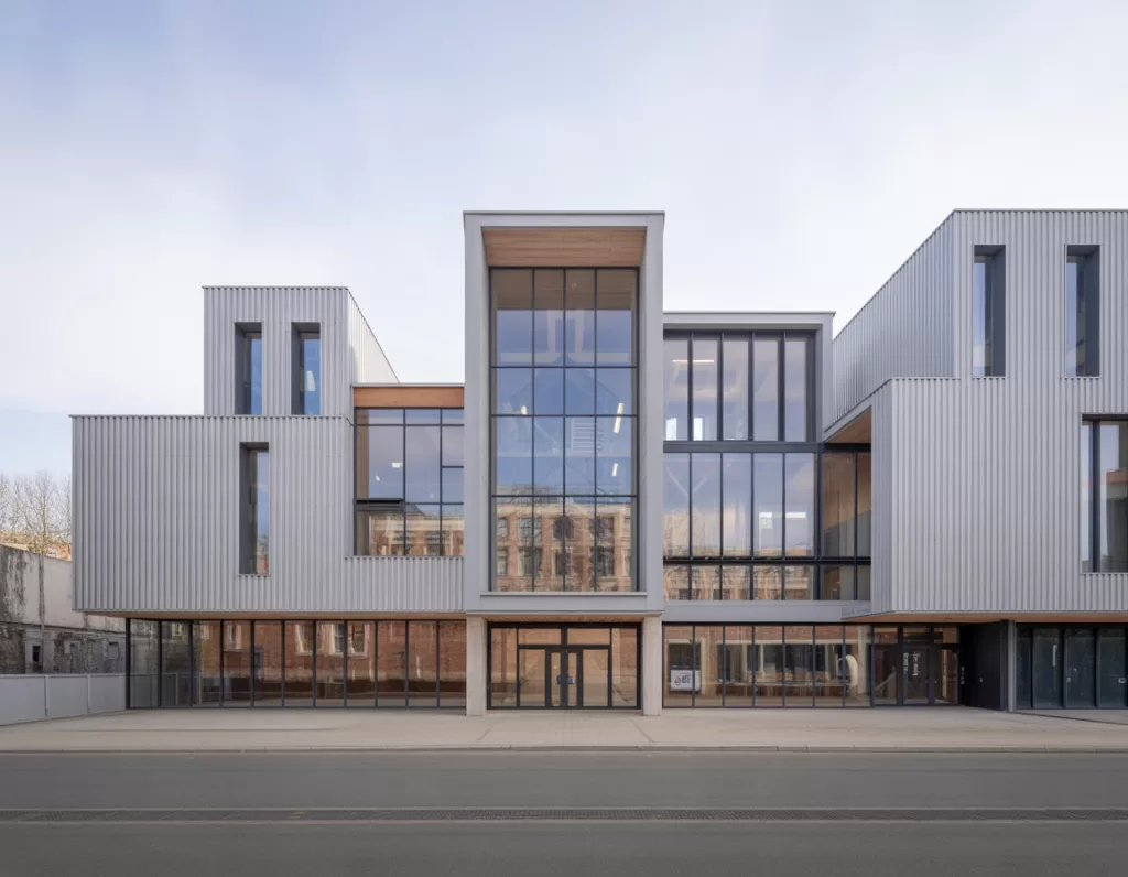 Façade de bâtiment industriel avec éléments en acier plié sur mesure, illustrant la précision, la durabilité et la qualité des finitions métalliques.